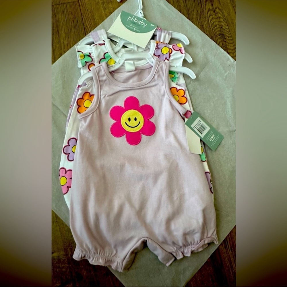 🌸 PI Baby 3-Piece Floral Outfit Set 6M NWT Pink Smiley Flower